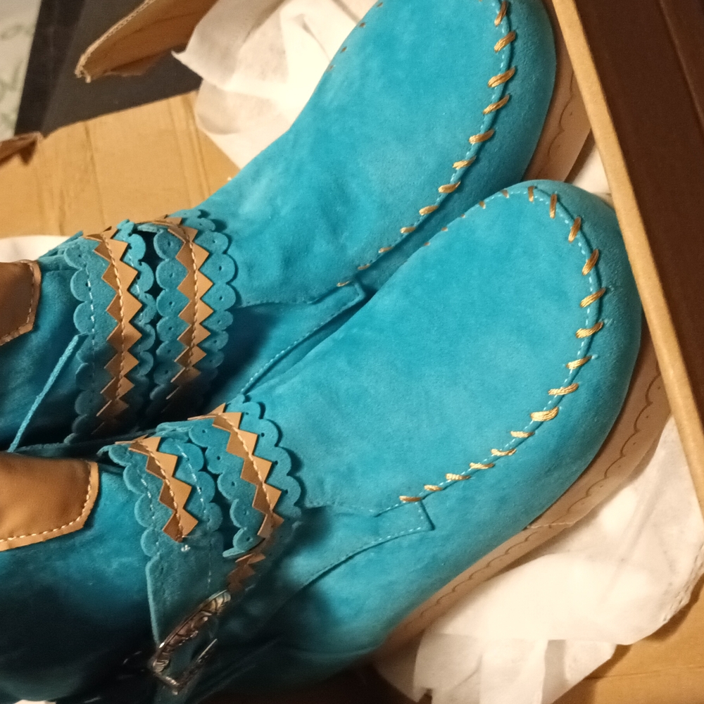 Turquoise and Tan  Moccasins with Woven Accents